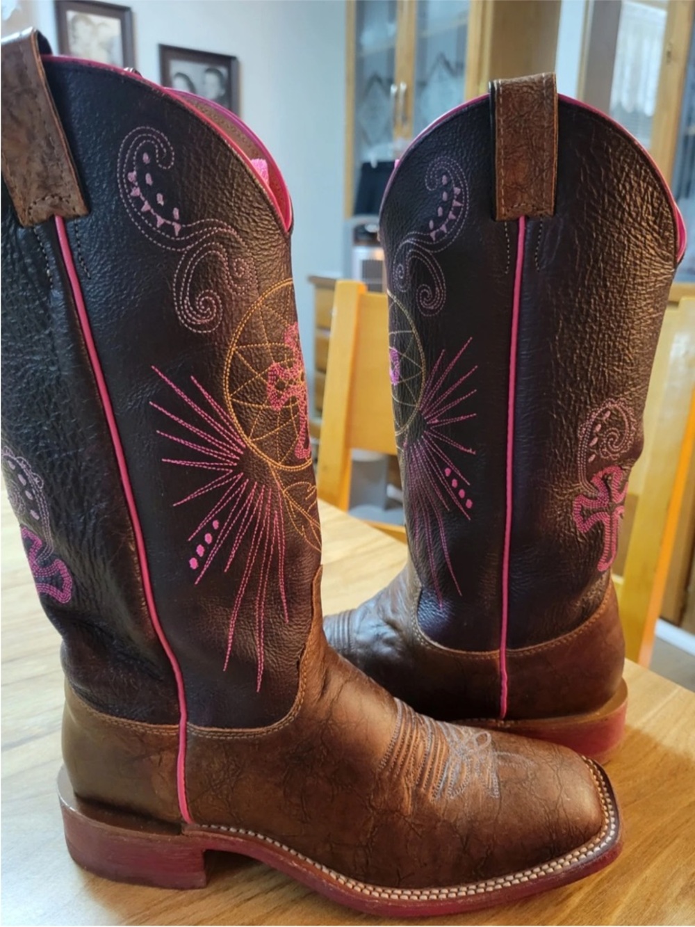 Justin Boots Bent Rail Brown and Pink Embroidered Western Cowboy Boots